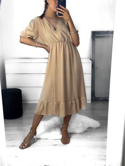 Šaty dlouhé letní košilové krátký rukáv dámské (S/M ONE SIZE) ITALSKÁ MÓDA IMWY23133/DU (Velikost S/M/L, Barva béžová)