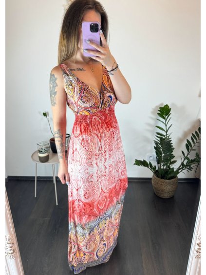 Šaty dlouhé na ramínka icecool dámské (L/XL/2XL/3XL ONE SIZE) FRANCOUZSKÁ MÓDA FMB23197-X/DR (Velikost L/XL, Barva červená)