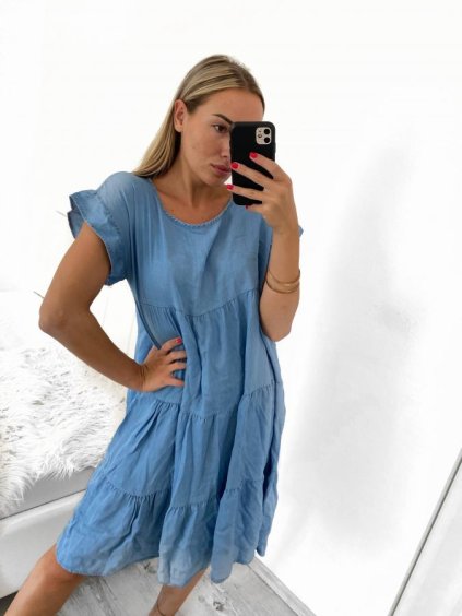 Šaty riflové volnočasové krátký rukáv dámské nadrozměr (M/L/XL ONE SIZE) ITALSKÁ MÓDA IM722148/DUR (Velikost L/XL, Barva světle modrá)