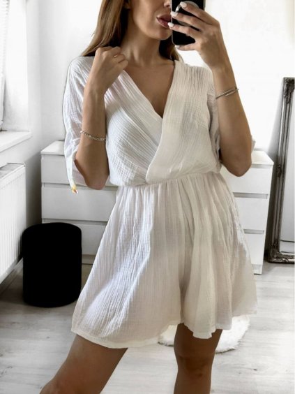 Overal krátký letní mušelínový krátký rukáv dámský (S/M ONE SIZE) ITALSKÁ MÓDA IMWMY232526/DUR (Velikost S/M/L, Barva bílá)