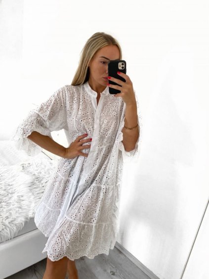 Šaty letní boho krajkové košilové dlouhý rukáv dámské (S/M ONE SIZE) ITALSKÁ MÓDA IM823012/DU (Velikost S/M/L, Barva bílá)