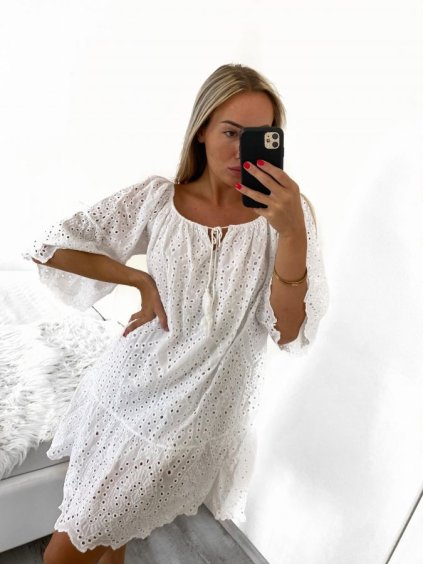 Šaty letní boho krajkové krátký rukáv dámské (S/M ONE SIZE) ITALSKÁ MÓDA IM823013/DU (Velikost S/M/L, Barva bílá)