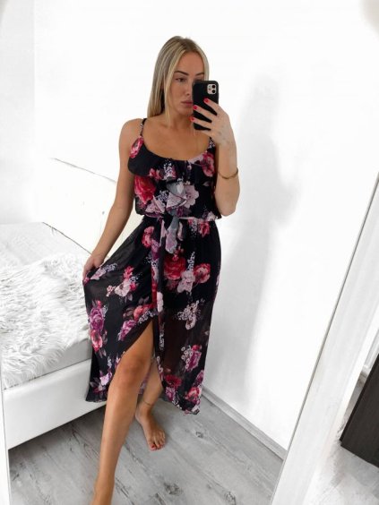 Šaty dlouhé letní šifonové na ramínka dámské (S/M ONE SIZE) ITALSKÁ MÓDA IMWGB2320180-2/DU (Velikost S/M/L, Barva Černá)