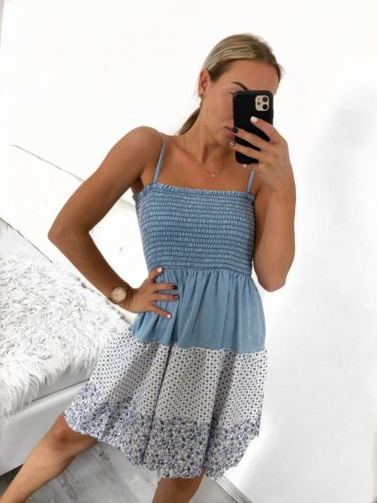 Šaty letní na ramínka dámské (S/M ONE SIZE) ITALSKÁ MÓDA IMPGM23026/DU (Velikost S/M/L, Barva světle modrá)