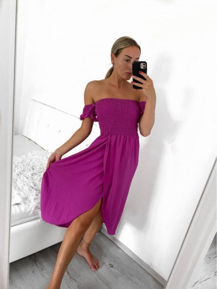 Šaty dlouhé carmen krátký rukáv dámské (S/M ONE SIZE) ITALSKÁ MÓDA IMPGM2323171/DU (Velikost S/M/L, Barva béžová)