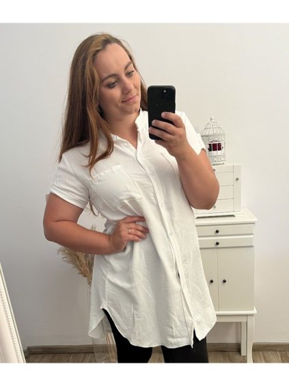 Košile oversize krátký rukáv dámská nadrozměr (XL/2XL ONE SIZE) ITALSKÁ MÓDA IMBM23ANGELA/DUR (Velikost XL/2XL, Barva bílá)