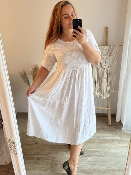 Šaty  oversize 3/4 rukáv dámské nadrozměr (XL/2XL/3XL ONE SIZE) ITALSKÁ MÓDA IM423KAIRA/DU (Velikost 2XL/3XL, Barva bílá)