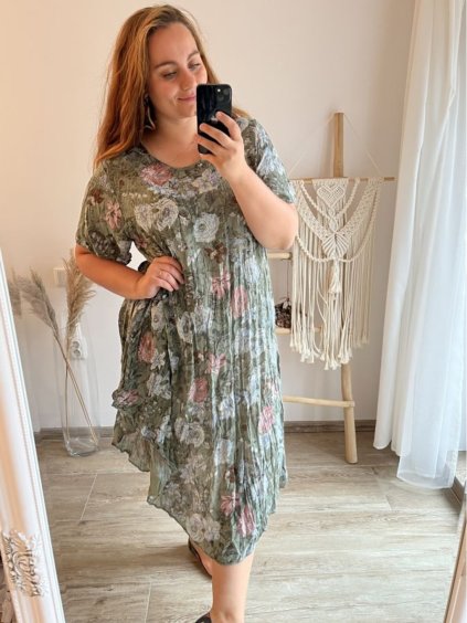Šaty volnočasové krátký rukáv dámské nadrozměr (2XL/3XL/4XL ONE SIZE) ITALSKá MóDA IM423FLOVER/DU (Velikost 2XL/3XL, Barva zelená khaki)
