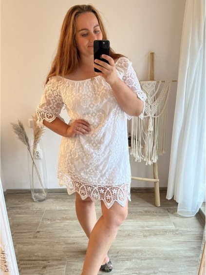 Šaty krajkové s krátkým rukávem nadrozměr dámské (XL/2XL/3XL one sine) ITALSKÁ MÓDA IM923NAOMI/DUR (Velikost 2XL/3XL, Barva bílá)