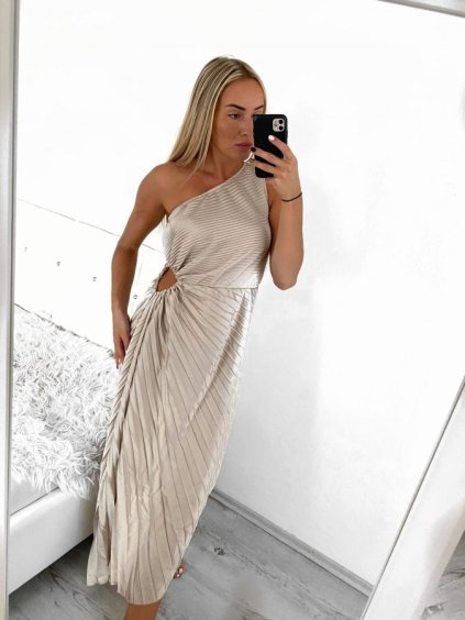 Šaty dlouhé společenské elegantní bez rukávu saténové skládané dámské (S/M ONE SIZE) ITALSKÁ MÓDA IMM23M5790/DU (Velikost S/M/L, Barva béžová)