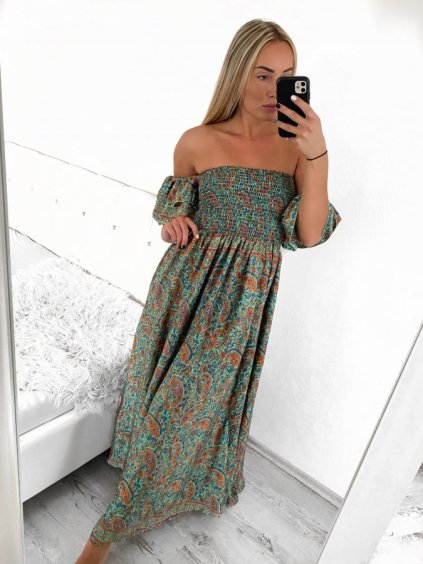 Šaty dlouhé letní carmen krátký rukáv dámské (S/M ONE SIZE) INDICKÁ MÓDA IMM237609/DU (Velikost S/M/L, Barva růžová)