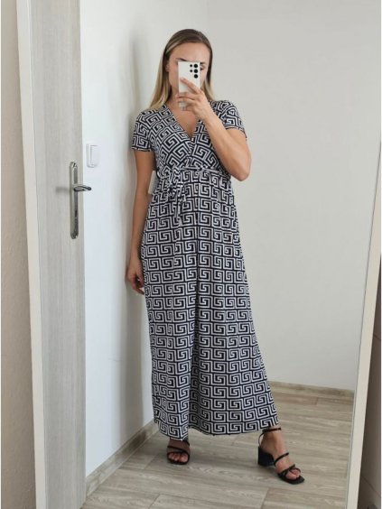 Šaty dlouhé letní krátký rukáv dámské (S/M ONE SIZE) ITALSKá MóDA IM323101/DU (Velikost S/M/L, Barva Černo-bílá)