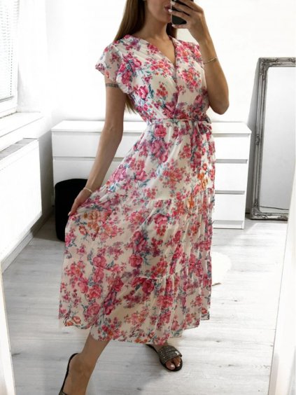 Šaty letní dlouhé šifonové květované krátký rukáv dámské (S/M ONE SIZE) ITALSKÁ MÓDA IMM23M7626/DU (Velikost S/M/L, Barva modrá)
