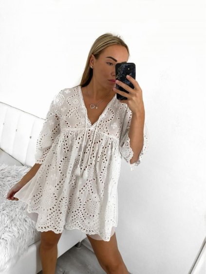 Šaty letní boho krajkové krátký rukáv dámské (S/M ONE SIZE) ITALSKÁ MÓDA IMPSH2390526/DU