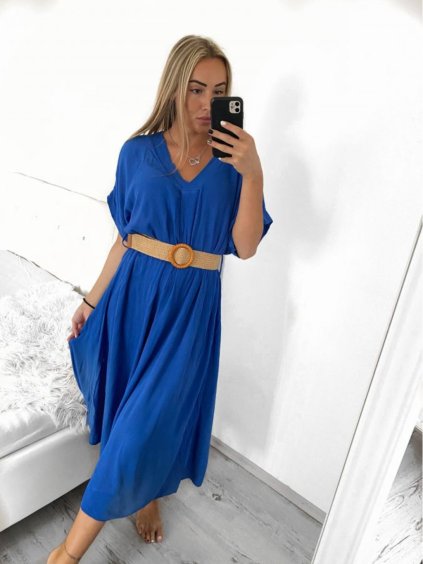 Šaty dlouhé s páskem krátký rukáv dámské (S/M ONE SIZE) ITALSKÁ MÓDA IMWA231295/DU (Velikost S/M/L, Barva modrá královská)