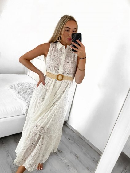 Šaty košilové krajkované s páskem bez rukávu dámské (S/M ONE SIZE) ITALSKÁ MÓDA IMM23BR3447/DU (Velikost S/M/L, Barva bílá)