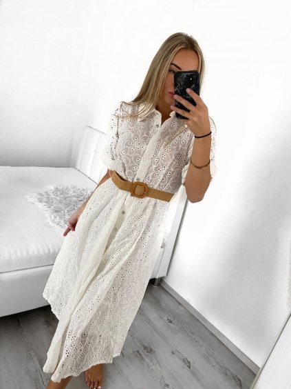 Šaty košilové krajkované s páskem krátký rukáv dámské (S/M ONE SIZE) ITALSKÁ MÓDA IMM23BR1956/DU (Velikost S/M/L, Barva bílá)