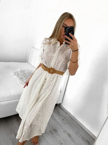 Šaty košilové krajkované s páskem krátký rukáv dámské (S/M ONE SIZE) ITALSKÁ MÓDA IMM23BR1956/DU (Velikost S/M/L, Barva bílá)