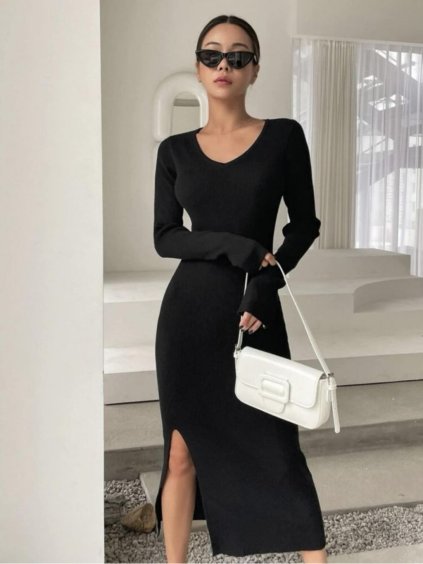 Šaty dlouhé dlouhý rukáv dámské (S/M ONE SIZE) ITALSKÁ MÓDA IMM23M17886/DR (Velikost S/M/L, Barva Černá)