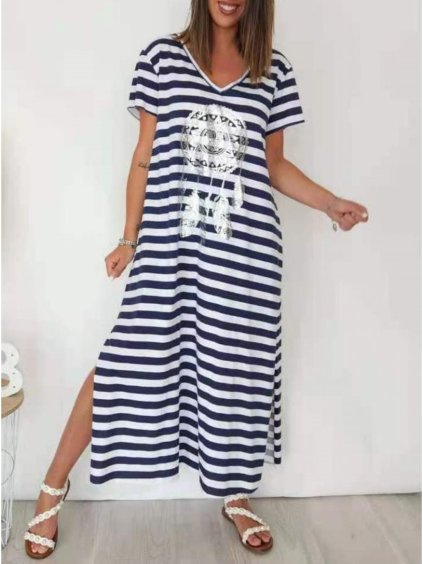 Šaty dlouhé letní krátký rukáv dámské proužek (S/M ONE SIZE) ITALSKÁ MODA IMD23500/DR