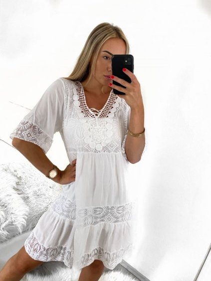 Šaty letní krajkové krátký rukáv dámské (L/XL ONE SIZE) ITALSKÁ MÓDA IMBM23055/DR (Velikost L/XL, Barva bílá)