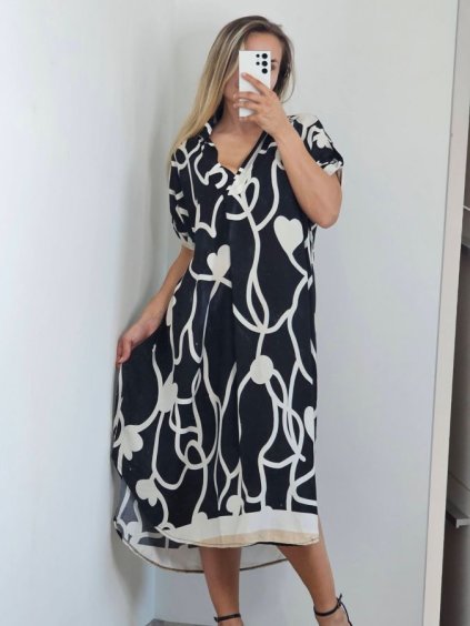 Šaty košilové letní oversize krátký rukáv dámské nadrozměr (S/M/L/XL/2XL ONE SIZE) ITALSKá MóDA IM8235773/DU (Velikost XL/2XL, Barva Černo-bílá)