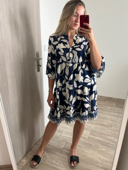 Šaty košilové letní oversize dlouhý rukáv dámské nadrozměr (S/M/L/XL/2XL ONE SIZE) ITALSKá MóDA IM8239802-6/DR (Velikost XL/2XL, Barva tmavě modrá)