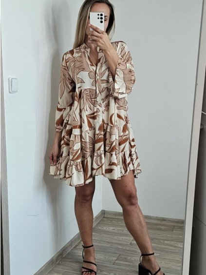 Šaty košilové letní oversize dlouhý rukáv dámské nadrozměr (S/M/L/XL/2XL ONE SIZE) ITALSKá MóDA IM8239802-/DR (Velikost XL/2XL, Barva hnědá)