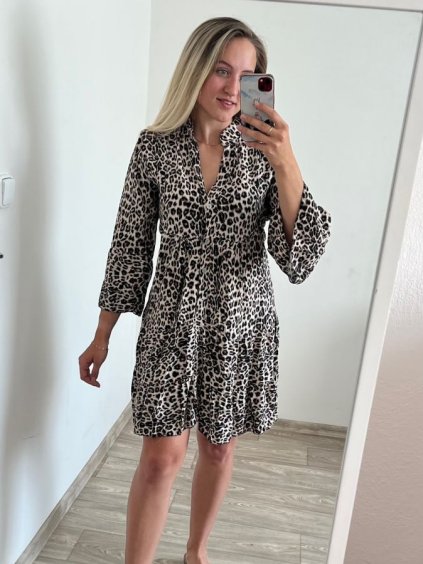 Šaty košilové letní oversize dlouhý rukáv dámské nadrozměr (S/M/L/XL/2XL ONE SIZE) ITALSKá MóDA IM8239802-10/DR (Velikost XL/2XL, Barva hnědá leopard)