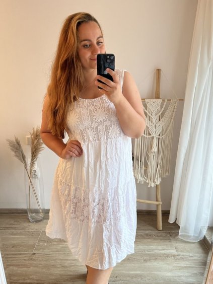 Šaty letní krajkové na ramínka dámské (XL/2XL ONE SIZE) ITALSKÁ MÓDA IMD23510/DUR (Velikost XL/2XL, Barva bílá)
