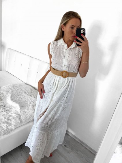 Šaty dlouhé elegantní krajkové košilové s páskem bez rukáv dámské (S/M ONE SIZE) ITALSKÁ MÓDA IMWGB231751/DU (Velikost S/M/L, Barva bílá)