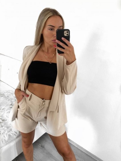 Souprava elegantní sako a kraťasy dámská (S/M ONE SIZE) ITALSKÁ MÓDA IMWB23356/DU (Velikost S/M/L, Barva béžová)