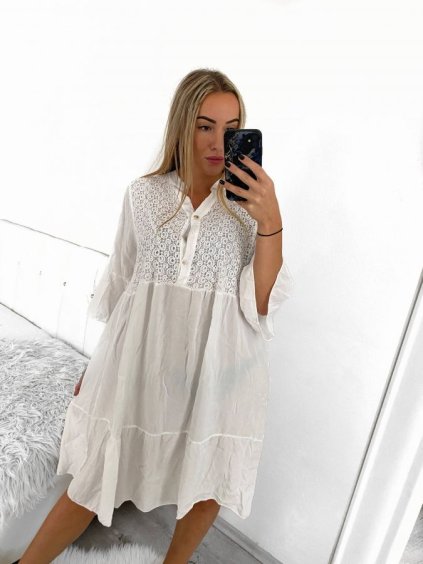 Šaty volnočasové košilové 3/4 rukáv dámské nadrozměr (L/XL/2XL ONE SIZE) ITALSKá MóDA IM423WOILA/DUR (Velikost L/XL, Barva bílá)