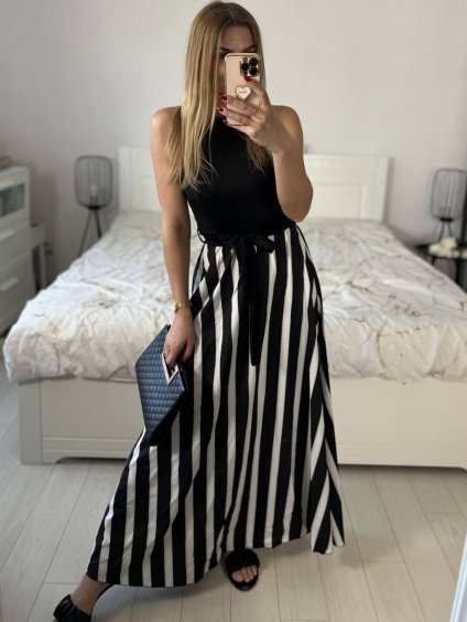 Šaty dlouhé letní bez rukávu dámské (S/M ONE SIZE) ITALSKÁ MÓDA IMM23M3667/DUR (Velikost S/M/L, Barva Černo-bílá)