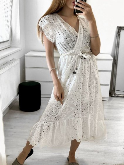 Šaty dlouhé letní boho krajkové s páskem krátký rukáv dámské (S/M ONE SIZE) ITALSKÁ MÓDA IMPLI236367/DUR (Velikost S/M/L, Barva bílá)