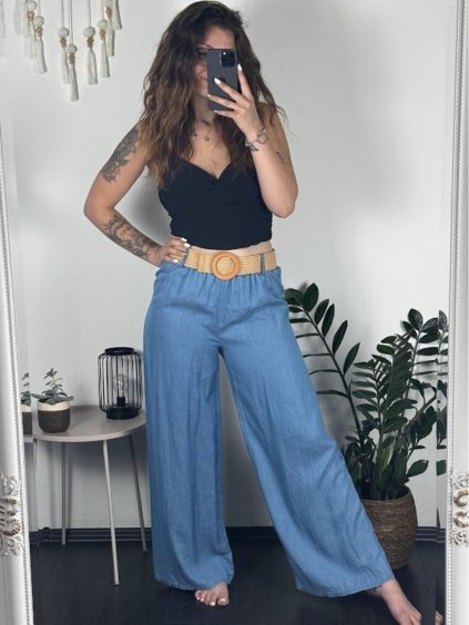 Kalhoty letní riflové dámské (S/M ONE SIZE) ITALSKá MóDA IM723100/DU (Velikost S/M/L, Barva světle modrá)