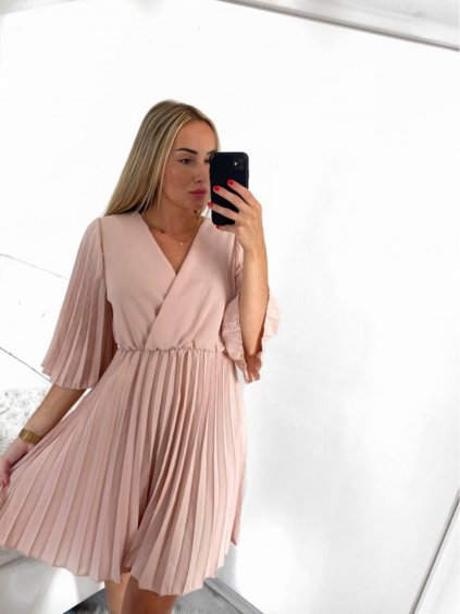 Šaty letní elegantní skládané krátký rukáv dámské (S/M ONE SIZE) ITALSKÁ MÓDA IMWY23200/DU (Velikost S/M/L, Barva béžová)
