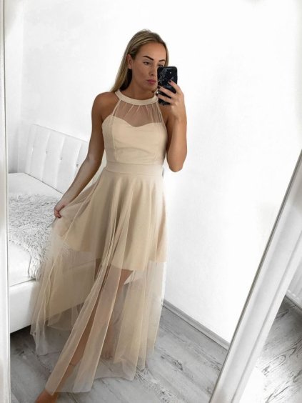 Šaty společenské dlouhé bez rukávu dámské (S/M ONE SIZE) ITALSKÁ MÓDA IM3236286/DU (Velikost S/M/L, Barva béžová)
