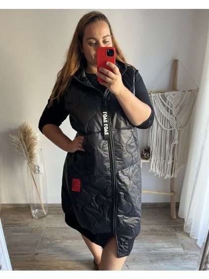Vesta dlouhá s kapucí dámská nadrozměr (2XL/3XL ONE SIZE) ITALSKÁ MÓDA IM423LOVENA/DU (Velikost 2XL/3XL, Barva Černá)