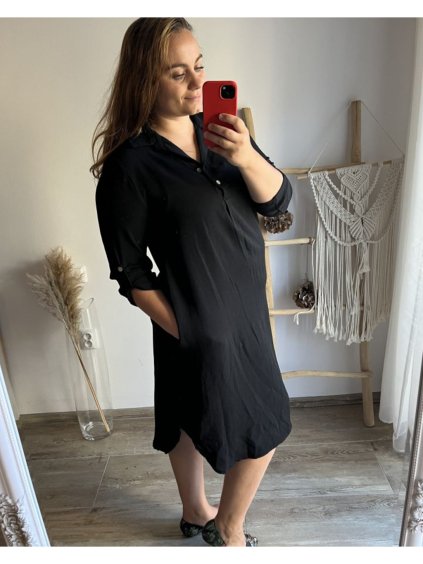 Šaty košilové 3/4 rukáv dámské (L/XL ONE SIZE) ITALSKÁ MÓDA IM423IRENA/DU (Velikost L/XL, Barva Černá)