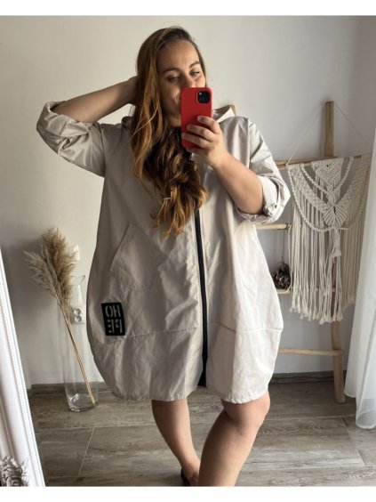 Bunda s kapucí dámské nadrozměr (2XL/3XL/4XLONE SIZE) ITALSKÁ MÓDA IMD23HOPE/DU (Velikost 2XL/3XL, Barva béžová)