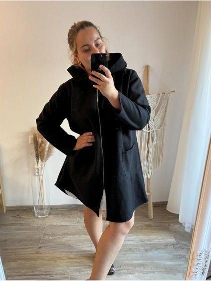 Kabát flaušový na zip dlouhý rukáv dámský nadrozměr (3XL/4XL ONE SIZE) ITALSKÁ MÓDA IMWQ233261 (Velikost 3XL/4XL, Barva Černá)