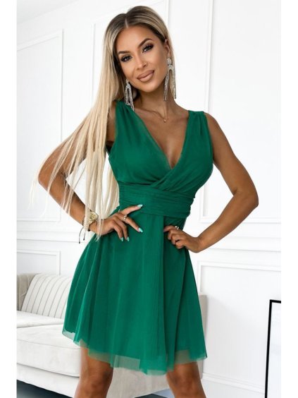 474-1 Elegantní šaty s výstřihem a mašlí - zelené