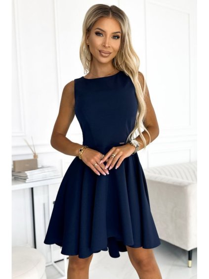 397-2 Elegantní šaty s delším zadním dílem - tmavě modrá (Velikost XS, Barva _barva viz foto)