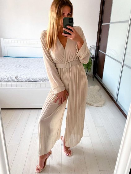 Overal dlouhý elegantní s páskem dlouhý rukáv dámský (S/M ONE SIZE) ITALSKÁ MÓDA IMWD232849/DU (Velikost S/M/L, Barva béžová)