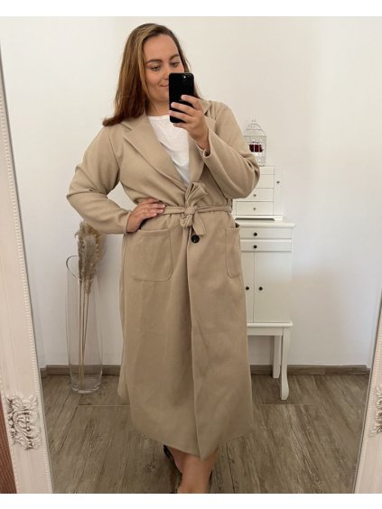 Kabát flaušový dlouhý rukáv dámský nadrozměr (3XL/4XL ONE SIZE) ITALSKÁ MÓDA IMWQ23BELLA/DR (Velikost 3XL/4XL, Barva béžová)