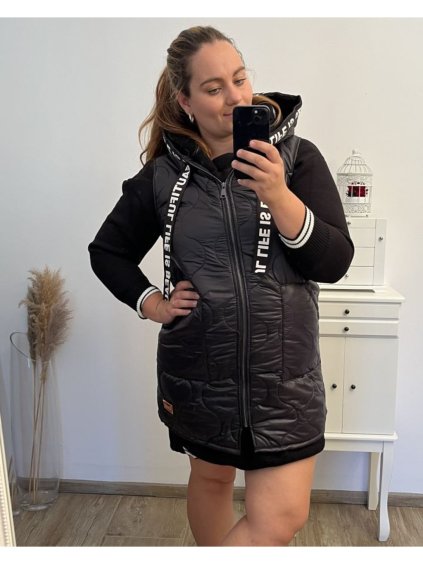 Vesta šusťáková s kapucí dámská (L/XL/2XL ONE SIZE) ITALSKÁ MODA IM423583/DU (Velikost XL/2XL, Barva Černá)