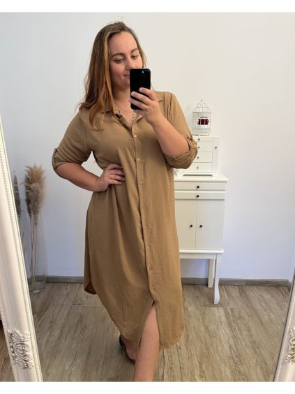 Šaty košilové dlouhý rukáv dámské nadrozměr  (2XL/3XL ONE SIZE) ITALSKÁ MÓDA IMD23639/DU (Velikost 2XL/3XL, Barva zelená khaki)