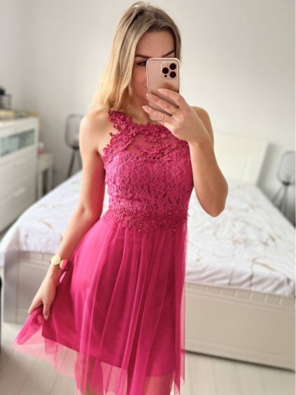 Šaty společenské krajkové na ramínka dámské (S/M ONE SIZE) ITALSKá MóDA IMC23349/DR (Velikost S/M/L, Barva růžová starorůžová)