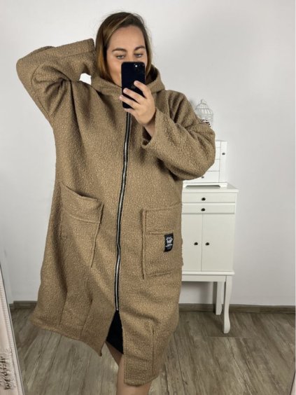 Kabát beránek dlouhý rukáv dámský nadrozměr (3XL/4XL ONE SIZE) ITALSKÁ MÓDA IMD22748/DUR (Velikost 3XL/4XL, Barva béžová)